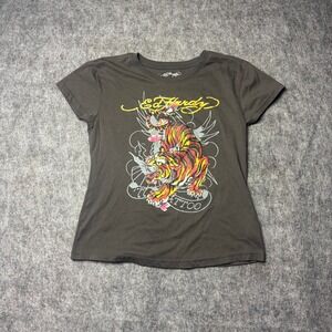Ed Hardy Tiger Graphic Tee Women's Medium Grey Y2K Tattoo Shirt